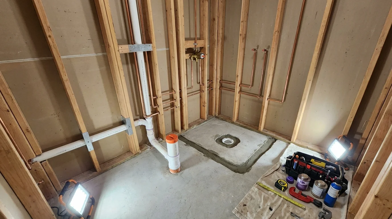 Bathroom rough-in plumbing during remodel by Johns Plumbing LLC in Banning