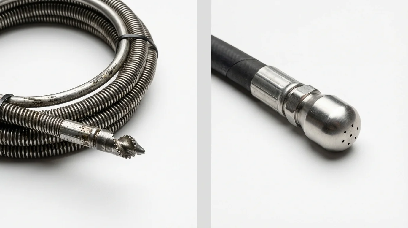 Drain snake cable and hydro jetting nozzle used for drain cleaning in Banning, CA