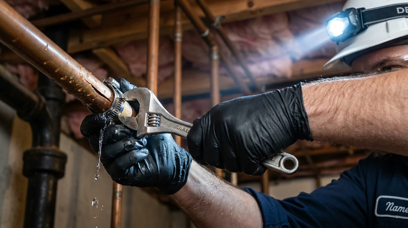 Emergency pipe clamp repair being performed by a Johns Plumbing LLC plumber in Banning