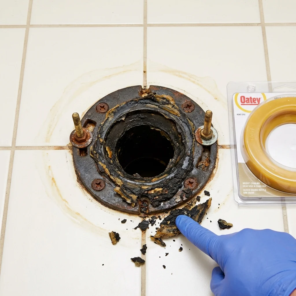Failed wax ring showing water seepage at the base of a toilet in a Banning, CA home