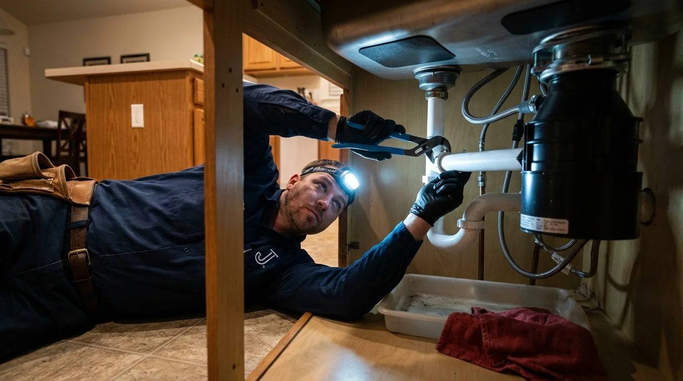 P-trap and supply line connections under a kitchen sink showing a common leak point in Banning, CA